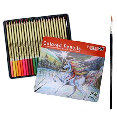 Imagem de Lucky Art 24 lápis de aquarela profissional, com um pincel e caixa de lata - 24 lápis de cor de água para crianças e adultos - lápis de aquarela para crianças, lápis de cor