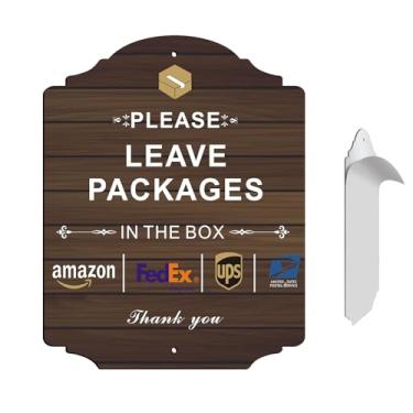 Imagem de AVCMOTO Deixe pacotes na caixa, placa de entrega de pacote, 22 x 18 cm, instruções de entrega autoadesivas, placa de metal Amazon FedEx Ups DHL USPS, proteção UV e à prova d'água, uso