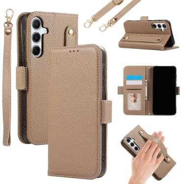 Imagem de Capa de celular com alça de pulso transversal para Samsung Galaxy S24 Ultra S23 S22 Plus S21 FE A05 A05S A55 A35 A15 Carteira com porta-cartões, cáqui, para Galaxy A35 5G