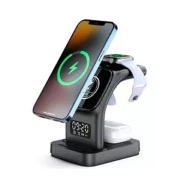 Imagem de Base de Carregamento Sem Fio 5 em 1 Compativel Com iPhone e Android, Fones Bluetooth e Apple Watch Despertador Luminária. (Preto)