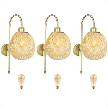 Imagem de Kit 3 Arandela Dourada Interna Bambu Fibra Natural Nat92 +