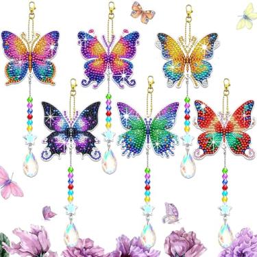 Imagem de JeCuiK 6 kits de arte de diamante de borboleta para adultos iniciantes DIY arte de diamante apanhadores de sol sinos de vento kits de pintura de diamante pequeno artes e artesanato para adultos