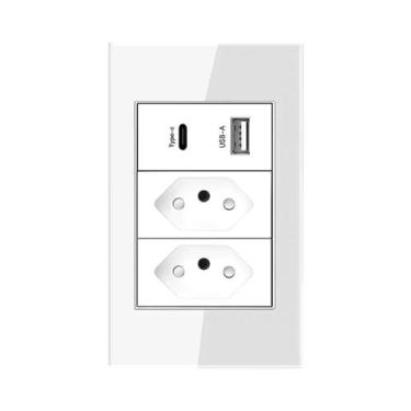 Imagem de Tomada de Parede 10A/20A com USB e Tipo-C - Painel de Vidro Temperado 