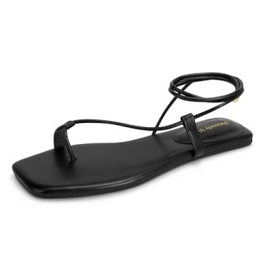 Imagem de Viciously Vixen Sandálias femininas com cadarço com tiras gladiador gladiador chinelo de amarrar bico aberto sapatos de verão, Preto, 40