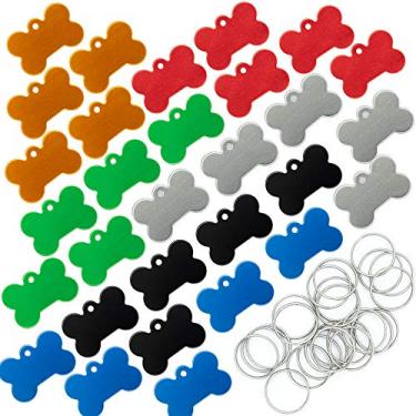 Imagem de Etiquetas de identificação de cachorro em formato de osso em branco de alumínio com chaveiro 30 peças (cor mista)