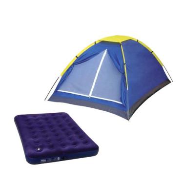 Imagem de Kit Barraca Camping Iglu p/ 3 Pessoas  Colchão Inflável Casal c/ Infla