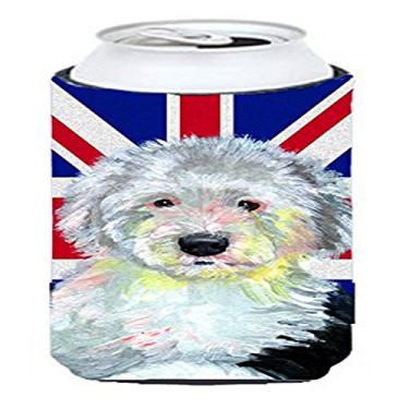 Imagem de Caroline's Treasures LH9497TBC Old English Sheepdog with English Union Jack English Flag Tall Boy Hugger, pode Cooler Sleeve Hugger lavável à máquina Beber Sleeve Hugger Dobrável Isolador Bebidas