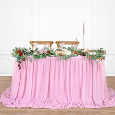 Imagem de QueenDream Saia de mesa de chiffon rosa de 1,8 m toalha de mesa rosa para mesas retangulares aniversário princesa menina chá de bebê festa