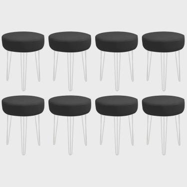 Imagem de Kit 08 Banquetas Puff Jullia Luxo 55cm Industrial Ferro Branco Corino Preto - Ahz Móveis