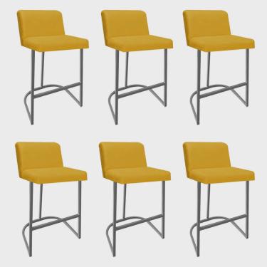 Imagem de Kit 06 Banquetas Com Encosto Noah Luxo Confort Bistrô Cozinha Ferro Cinza Suede Amarelo - Ahz Móveis