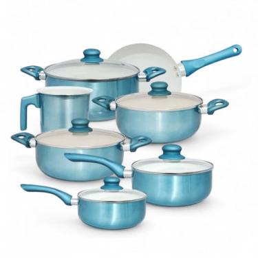 Imagem de Conjunto de Panelas com Revestimento Cerâmico, 7 Peças, Tampa de Vidro, Azul Acetinada