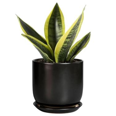 Imagem de SUNPOTFOR Vaso de cerâmica para plantas de 12 cm - Plantador interno redondo moderno para cactos, plantas suculentas com orifício de drenagem e pires, decoração de sala de casa, escritório, preto