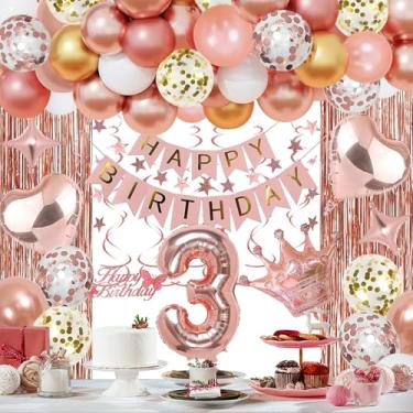 Imagem de NANINUNENO Decorações Para Festa De 3 Anos Em Ouro Rosé Meninas, Faixa Feliz Aniversário Rosé, Cortinas Com Franjas, Balões Metalizados Formato Coração, Coroa Decoração Meninas
