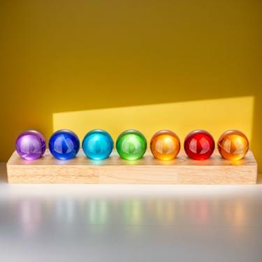 Imagem de 7 esferas de vidro multicoloridas de cristal sólido de 40 mm com base de madeira de LED para decoração de luz noturna bolas de esfera de cura com suporte para sala de estar em casa - Bolas decorativas