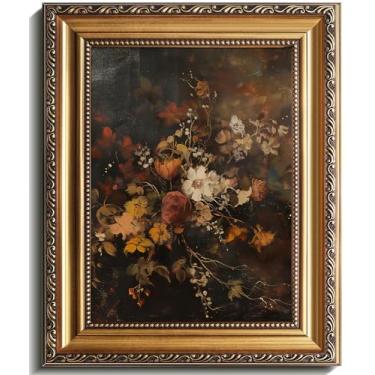 Imagem de uniro Arte de parede vintage emoldurada em ouro, pintura de impressão floral de outono escuro temperamental, decoração de parede de outono botônica retrô, pôsteres de flores vintage para quarto