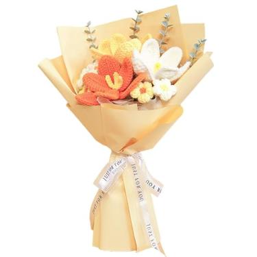 Imagem de Buquê de flores de crochê, flores de crochê amarelo, buquê de tulipas de tricô, feito à mão, flores de crochê, presente para aniversário, festa de casamento, decoração de casa