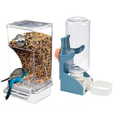 Imagem de NIENIE No Mess Bird Feeder Conjunto de Dispensador de Água, Alimentador Automático Transparente de Papagaio Acrílico Bebedor de Alimentos para Papagaio, Azul (pacote com 2)