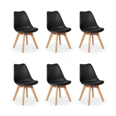Imagem de Kit C/ 6 Cadeiras Leda – Charles Eames, Saarinen Wood Com Almofada Preta