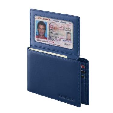 Imagem de Carteira masculina de couro genuíno, fina, com bloqueio de RFID, dobrável, 12 compartimentos para cartões (2 janelas para identidade), porta-cartões com caixa de presente, D-Blud