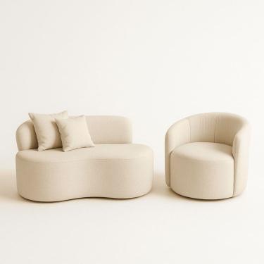 Imagem de Conjunto 01 Poltrona + Sofá Curvo Orgânico Nature Gaia Boucle Bege - Montanaris Decor