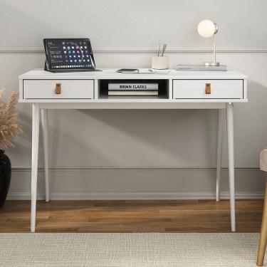 Imagem de Escrivaninha Branca Escritório Madeira Compacta 2 Gavetas Kim