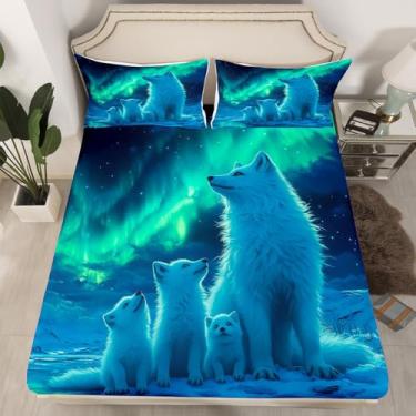 Imagem de Jogo de cama casal família raposa da neve, animais aurora ártico misterioso, animais safári de inverno, 3 peças (sem lençol de cima), lençol com elástico profundo Aurora colorido neon, 2 fronhas