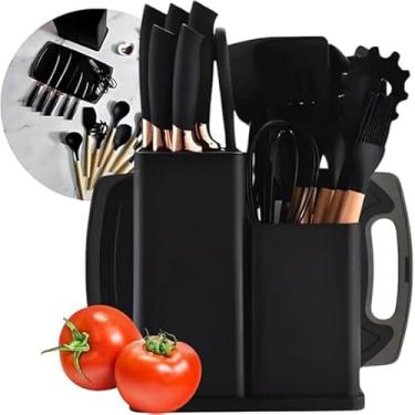Imagem de Utensilios para Cozinha Silicone Kit com 19 Peças Cabo Madeira Conjunto Completo Espátula Concha Colher Jogo Suporte Faca Antiaderente Tabua Tesoura Faqueiro (Preto)