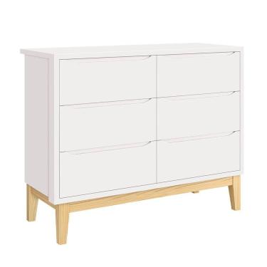 Imagem de Cômoda Retrô Square 6 Gavetas e Pés em Madeira Natural – Branco Fosco