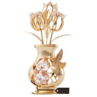Imagem de Enfeite de mesa lindamente trabalhado com tulipas em vaso mergulhado em ouro 24k feito com cristais Matashi genuínos (beija-flor, cristal rosa)