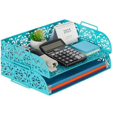 Imagem de EasyPAG Bandeja de mesa empilhável de 2 camadas, organizador de arquivos de metal resistente – sem montagem, economiza espaço para papel A4, fichários e materiais de escritório, azul-petróleo escuro