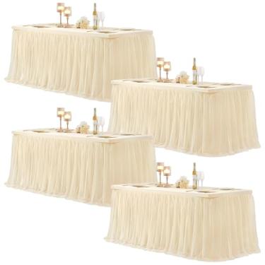 Imagem de Toalha de mesa de champanhe para mesas retangulares de 2,3 m, saia de mesa de tule com babados para mesa retangular de 2,4 m, capa de banquete, festa de aniversário, casamento, toalha de mesa elástica