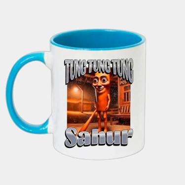 Imagem de Caneca Branca com Alça e Interna Azul de Porcelana 325ml - Tung Tung Sahur Funny Brainrot Meme
