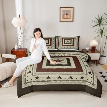Imagem de Conjunto de edredom infantil rústico caubói casal, estrela tribal do oeste do Texas, decoração de quarto de meninos e meninas, adultos, edredom geométrico, edredom retrô marrom, 2 fronhas