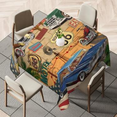 Imagem de TKBXAEG Toalha de mesa quadrada Route 66 carros vintage à prova d'água toalha de mesa de tecido de poliéster lavável para decoração de festa de casamento, jantar, banquete, 91 x 91 cm
