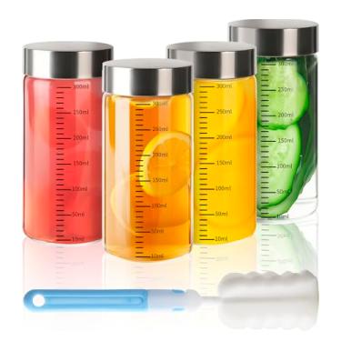 Imagem de BPFY Pacote com 4 garrafas de suco de 293 ml com tampas de aço inoxidável, garrafa agitadora de vidro borossilicato de boca larga para sucos, proteínas, vitaminas, reutilizáveis, à prova de vazamento