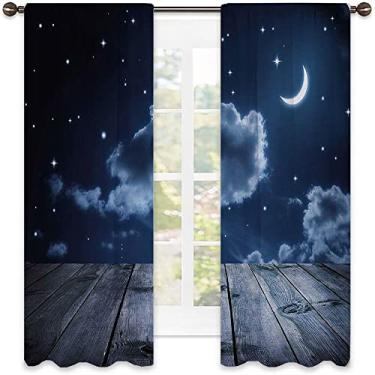 Imagem de Cortinas blecaute azul escuro para quarto - Cortinas escurecidas com isolamento térmico para sala de estar, L 106 cm x C 150 cm azul escuro branco