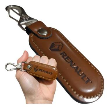 Imagem de Chaveiro Renault Couro Marrom Chave Carro Mosquetão Argola Gancho Luxo