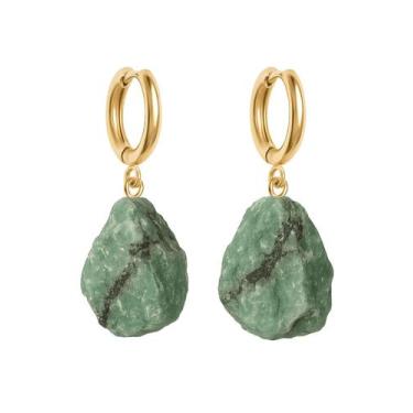 Imagem de Brinco de Argola Esmeralda - Cristal Natural, Banho Ouro 18k
