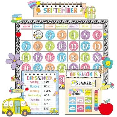 Imagem de Conjunto de quadro de avisos de calendário de sala de aula, decoração de quadro de avisos de volta às aulas com tabela meteorológica e lápis de estação com composição de maçã, caderno, decoração de