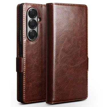 Imagem de LYJSMGZ Capa carteira para Samsung Galaxy Z Fold 7, couro bovino genuíno clássico luxo flip slots para cartões, proteção total, capa interna, marrom, dobra 7