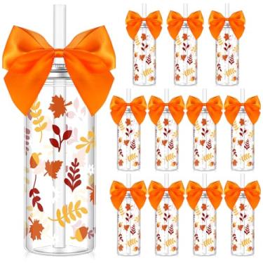 Imagem de Teenyyou 12 peças de copos de outono com tampa e laço de palha copo de plástico decorado folhas de outono copos reutilizáveis transparentes garrafas de água outono outono presentes de ação de graças