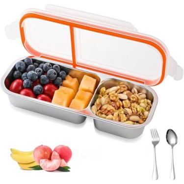 Imagem de Aokelily 2 recipientes para lanche Grab and Go com garfo de colher, recipientes reutilizáveis de aço inoxidável com tampas, recipiente de condimento de compartimento duplo para viagens e acampamento