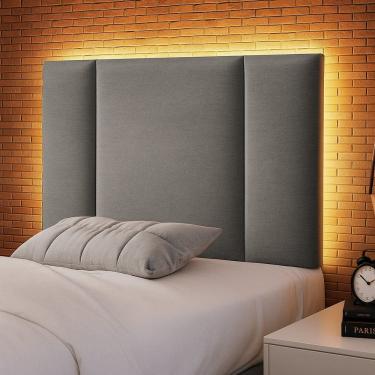 Imagem de Cabeceira Painel Cama Box Solteiro Siri 90cm com LED Linho Cinza - Desk Design