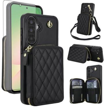 Imagem de Capa de celular para Samsung Galaxy A56 5G carteira de celular com protetor de tela de vidro temperado alça transversal de pulso suporte de cordão com bloqueio RFID compartimento para cartão de