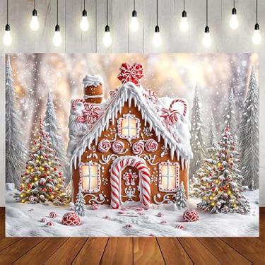 Imagem de 2,4 x 1,8 m pano de fundo de casa de gengibre de Natal, floco de neve, pano de fundo para fotos, árvore de Natal, casa de gengibre, Natal, Ano Novo, decoração de fotos, faixa com tema Candyland