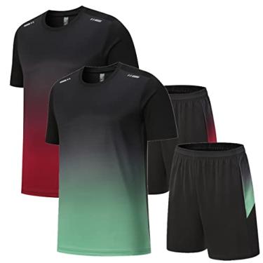 Imagem de OPALOS Conjunto masculino ativo de secagem rápida camisetas e shorts de gola redonda conjunto atlético corrida academia treino manga curta conjunto de camisetas e shorts (preto/vermelho. verde-6801, grande)