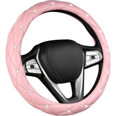Imagem de Capa de volante de carro brilhante, capa de roda automotiva de couro macio antiderrapante de 38 cm, strass de cristal para mulheres e meninas, acessórios de decoração universal para carro (rosa)