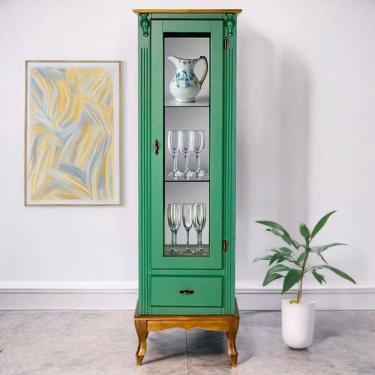 Imagem de Cristaleira De Madeira 1 Porta 1 Gaveta, Espelho E Pés Luiz Xv - Verde Kalle Laca Com Tampo E Base Imbuia