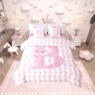 Imagem de Erosebridal Conjunto de cama solteiro com laço rosa, 7 peças, com glitter, alfabeto B, lençol com laço feminino, para decoração de quarto de crianças, adolescentes, mulheres, conjunto de cama com