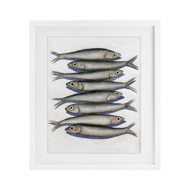 Imagem de Stupell Industries Impressão emoldurada branca de peixe anchova empilhada sob vidro por Michael Willett, 40,6 x 33,5 cm